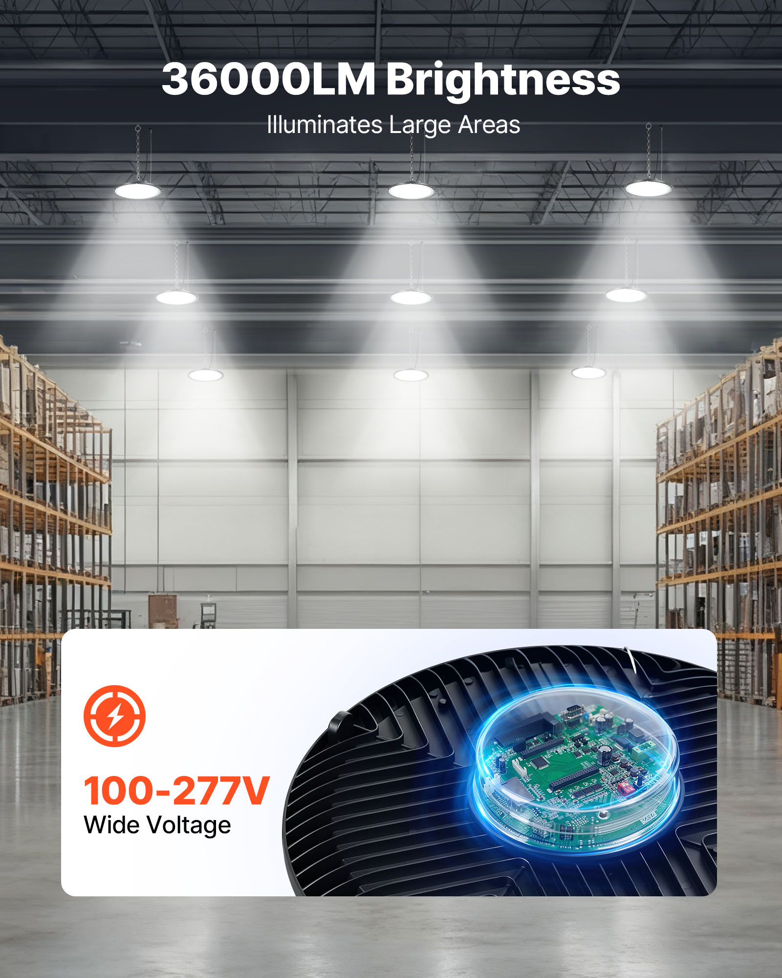VEVOR 4 Pack LED High Bay Lights, 5000K 250W 36000LM Super Bright UFO LED Warehouse Shop Lights, IP65 Waterproof, 100-277V Wide Voltage for Warehouse Workshop Factory Gym Garage Barn, Black