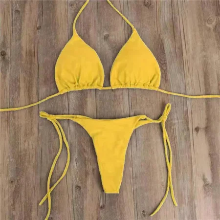 Sexy Women Thong Solid Color Bikini Set Side Halter Tie Swimsuit Ladies Split Strap Adjustable Brazilian Swimwear Soft Beachwear