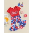 thumbnail image 2 of Bagilaanoe 4th of July Outfits for Newborn Baby Girls Short Sleeve Letter Print Romper Tops + Tie-Dye Flare Trousers + Headband 3M 6M 12M 18M Infant Independence Day Clothes 3pcs Pants Set, 2 of 7