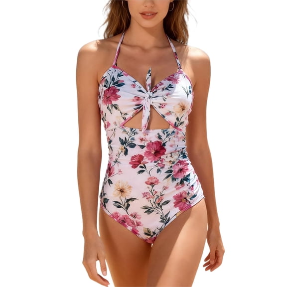 Atogsazn Womens Summer One-Piece Swimsuit Tie Front Tummy Control Bathing Suit Beach Swimwear Outfit Pink L Fashion