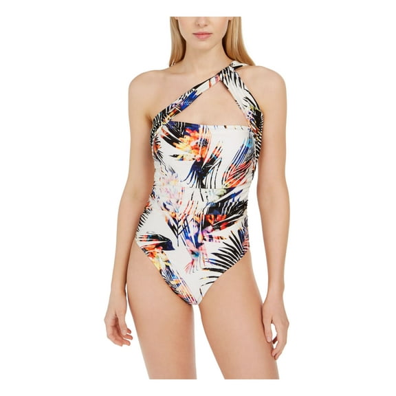 RACHEL RACHEL ROY Women's White Tropical Print Stretch Moderate Coverage Cutout One Shoulder One Piece Swimsuit XS