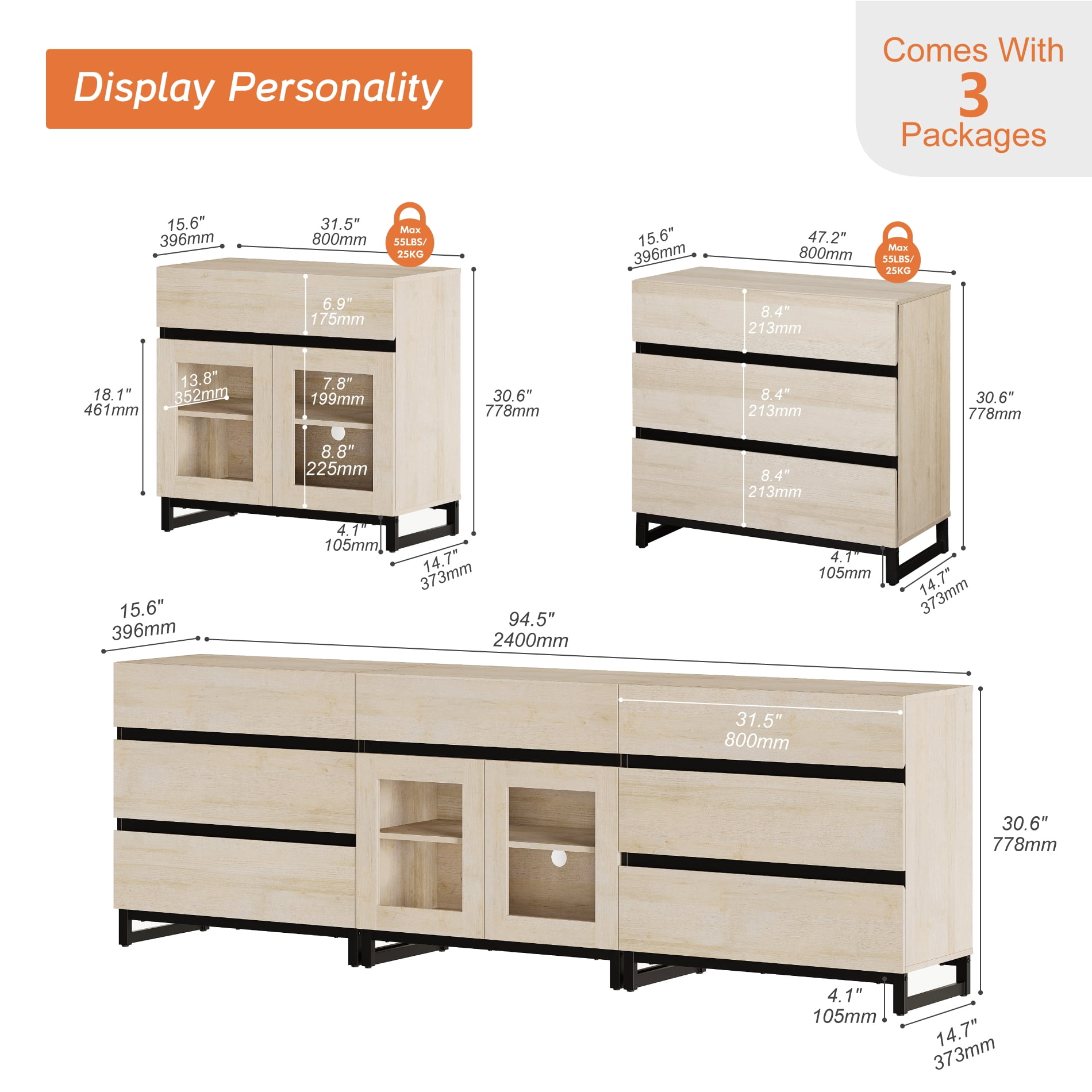 Modern TV Stand For Tvs Up To 100 Inch, 3 In 1 TV Console With Glass Doors And 7 Drawers, Media Console With Adjustable Shelf For Living Room, Bedroom,Beige