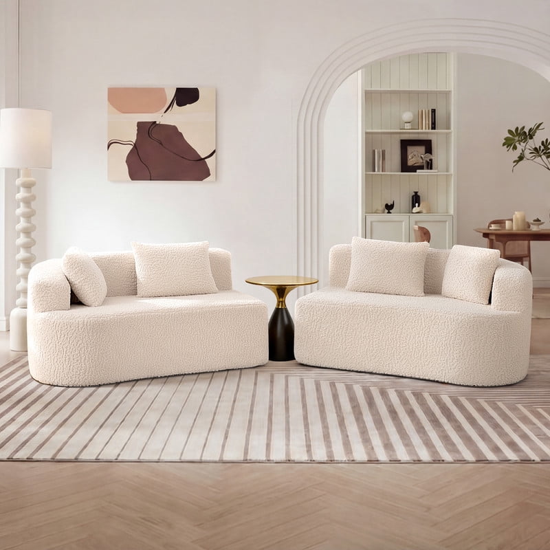 ATHOPE 112" Curved Sectional Couch with Pillows, Deep Seat Boneless Cloud Sofa for Small Space, Plush Teddy Fabric Comfy Couch for Living Room, Bedroom, No Assembly Needed, White