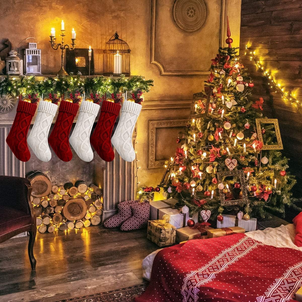 6 Pcs Christmas Stockings, 18 Inch Large Size Cable Knitted Stocking Gifts & Decorations for Family Holiday Xmas Party