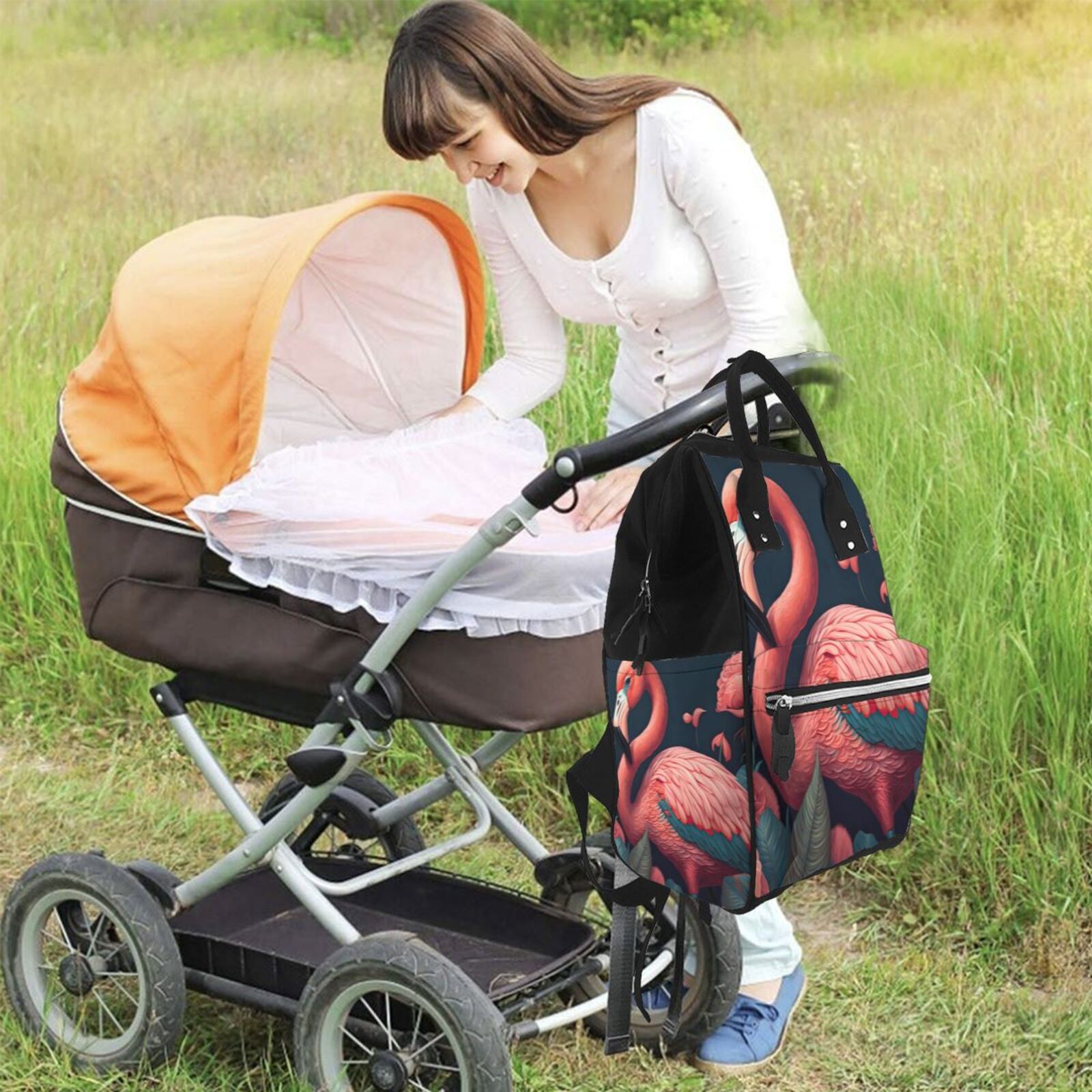 Ratiio Colorful Floral Flamingo Mummy Backpack - Waterproof Twill Canvas, Large Capacity Diaper Bag with Multiple Pockets and Adjustable Straps