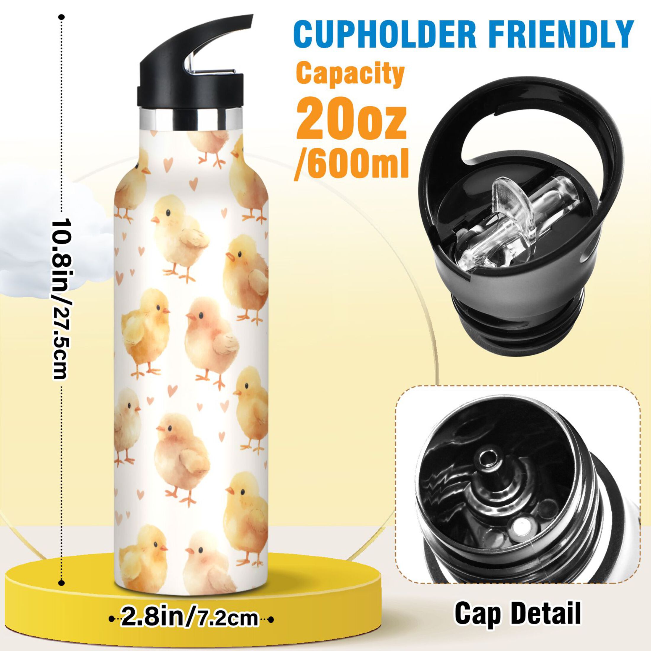 Kids Insulated Stainless Steel Sports Water Bottle 600ml (20oz) Yellow and Cream Chicks
