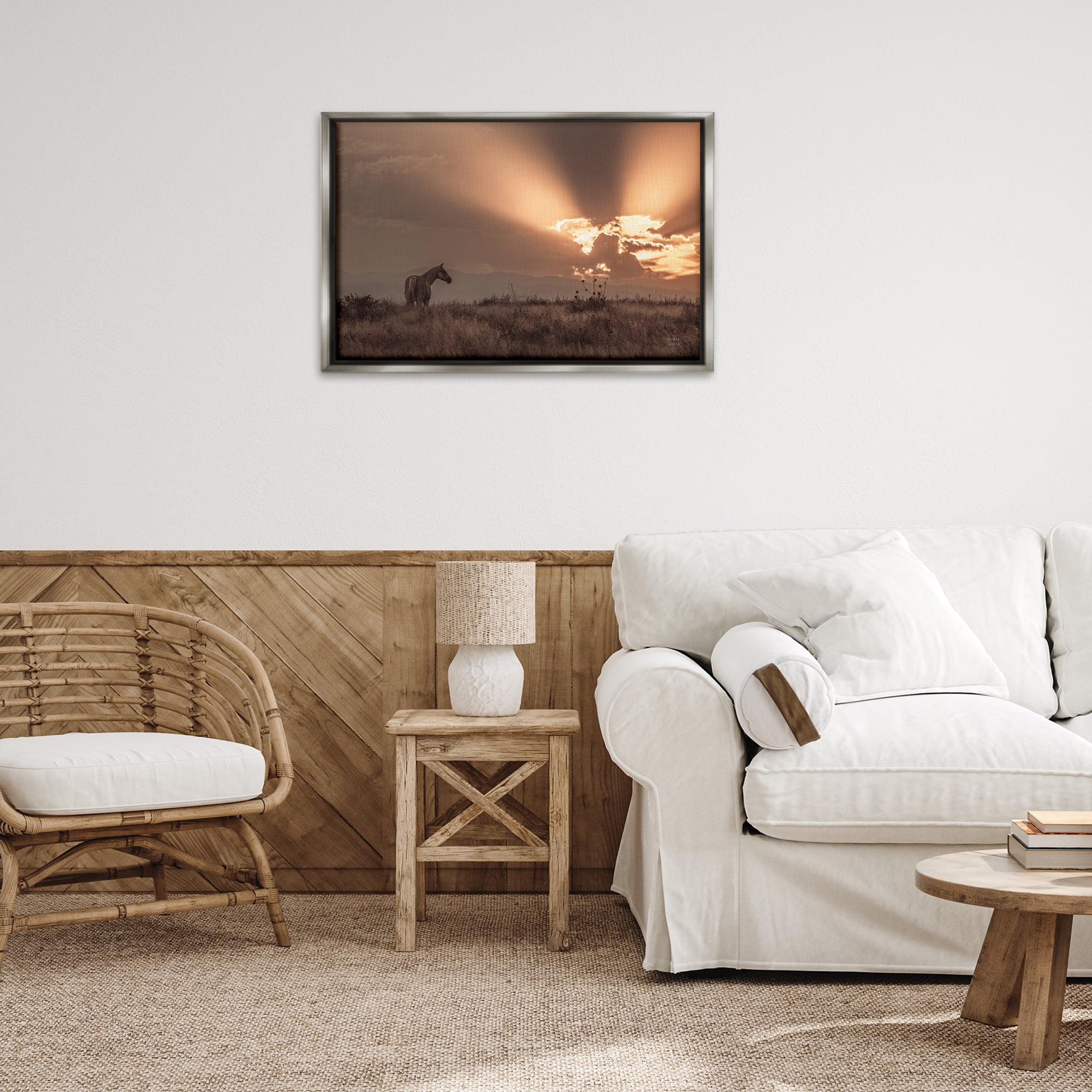 Stupell Industries Faded Sunset with Horse Landscape & Nature Photography Gray Floater Framed Canvas Art Print Wall Art, 31 x 21