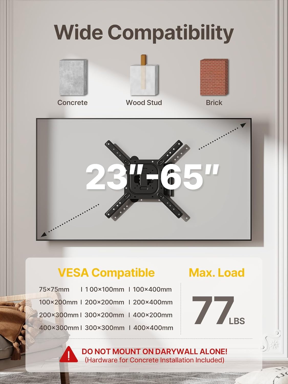 monTEK Full Motion TV Wall Mount for 23–65 Inch Flat & Curved TVs, Swivel & Tilt Articulating TV Bracket, VESA 75x75 to 400x400mm, Holds up to 77 lbs, Single Stud, Black