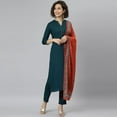 thumbnail image 3 of Janasya Indian Mandarin Collar 3/4 Sleeve Solid Teal Rayon Kurta With Pant and Dupatta For Women, 3 of 9
