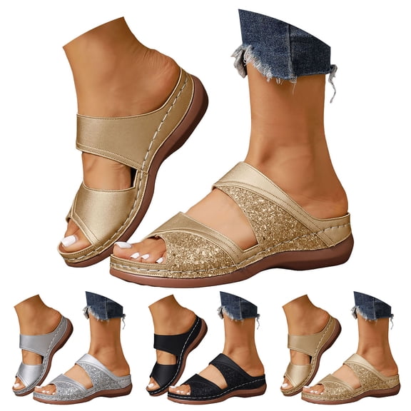 Pandaie Women's Orthopedic Wedge Sandals Rhinestones Platform Casual Slip on Slides Glitter Comfortable Walking Slippers Summer Shoes Black Size 6.5
