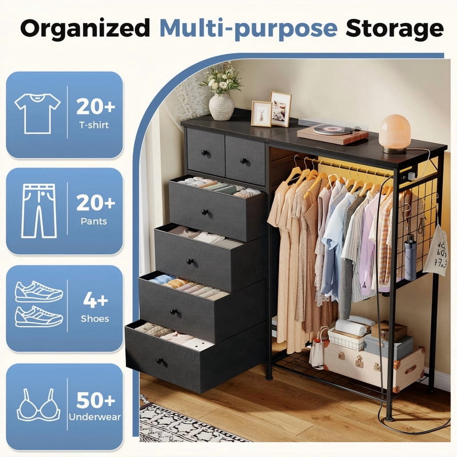 Kelno 6 Drawer Dresser with Hanging Rack LED Lights Charging Station Fabric Closet Organizer Storage Tower, Gray