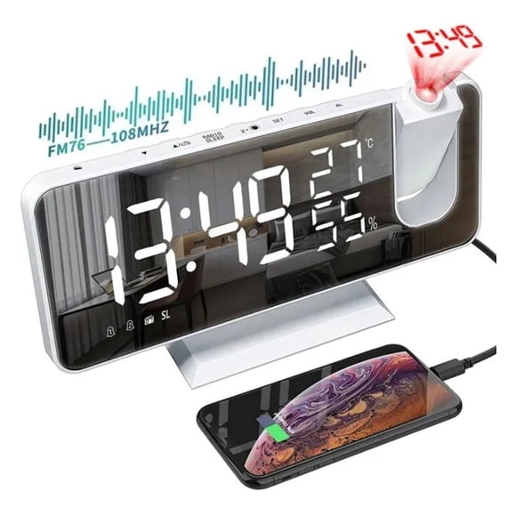 Reloj Despertador Petukita Box Con Radio y Proyector Espejo Blanco