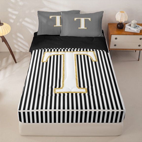 Homewish Glitter Print Letter T Zipper Full Size Comforter Sets with Fitted Sheet and 2 Pillowcases, Cartoon Monogrammed Zipper Bedding Set, Black Reversible, 4pcs