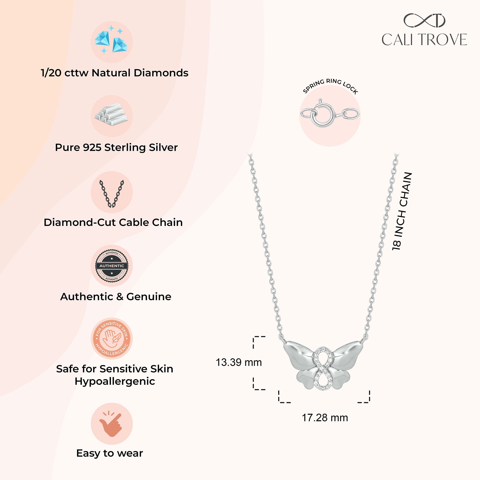 Cali Trove 1/20 Ct Diamond Butterfly Infinity Necklace | 925 Sterling Silver Butterfly Pendant | Necklace for Her