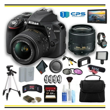 Nikon D3300 DSLR Camera with 18-55mm Lens Professional Bundle W/ Bag, Extra Battery, LED Light, Mic, Filters, Tripod, Monitor and (Best Nikon Dslr For Professionals)