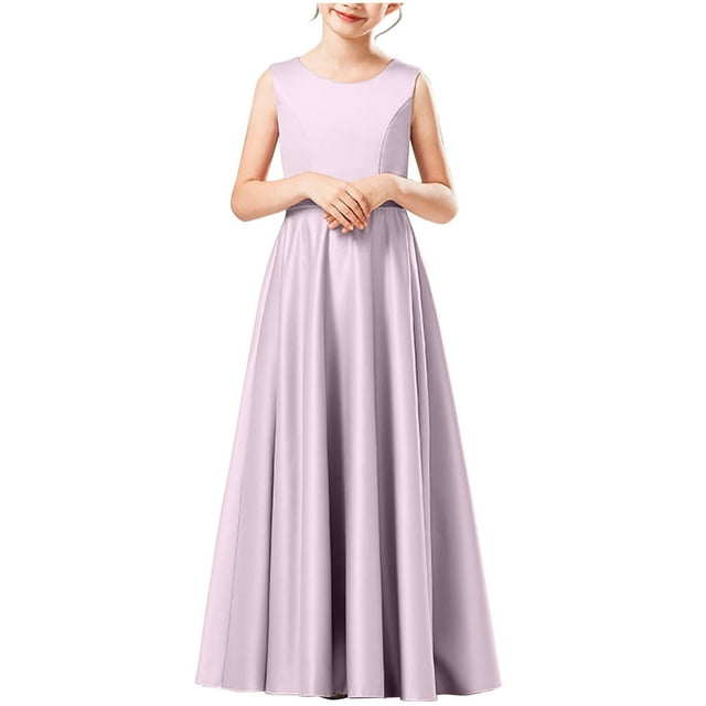 EGNMCR Robe Sans Manches à Col Rond pour Enfants Couleur Unie Cultiver Sa Morale Bas Personnage Décontracté Performance Fête Robe Combinaison Longue Jupe pour Enfants Fille Polyester Robe