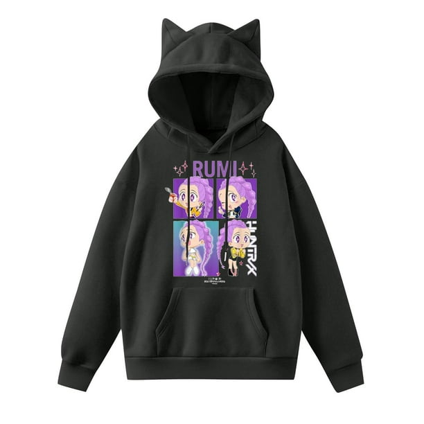 Dem on Hunting pop Huntrix Print Cat Ears Hoodie with De-mon Sweatshirt Movie Fashion Streetwear Long Sleeve Print Soft Sweatshirt L