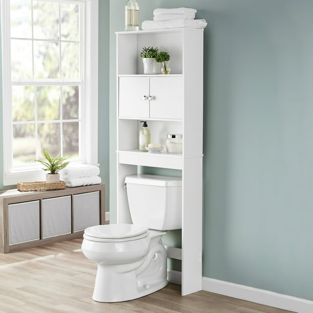 White Bathroom Space Saver With 3 Fixed, Bathroom Cabinet Height Above Toilet
