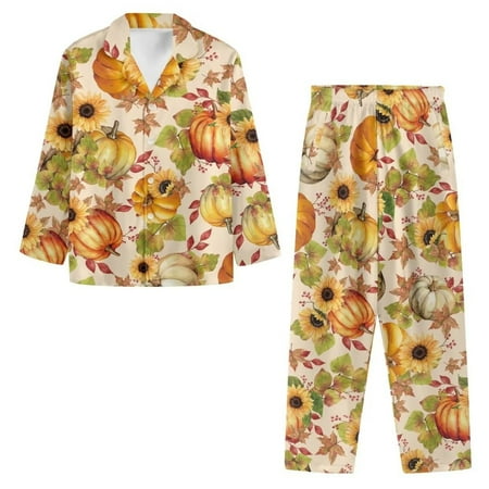 

NETILGEN Thanksgiving Pumpkins Sunflowers Print Button Pajamas for Women Long Sleeve 2 Pcs Set Breathable Stretchy Button Up Pajama Set V-Neck Button Up Pj Shirt Women Comfy