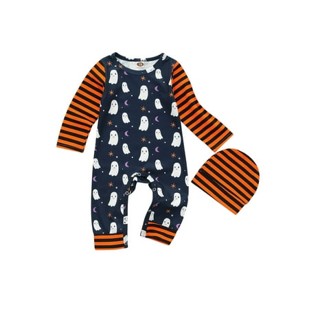 

SHIBAOZI Infant Baby Boys Girls Halloween Outfits Long Sleeve Romper Ghost Print Striped Bodysuit Jumpsuit with Hat
