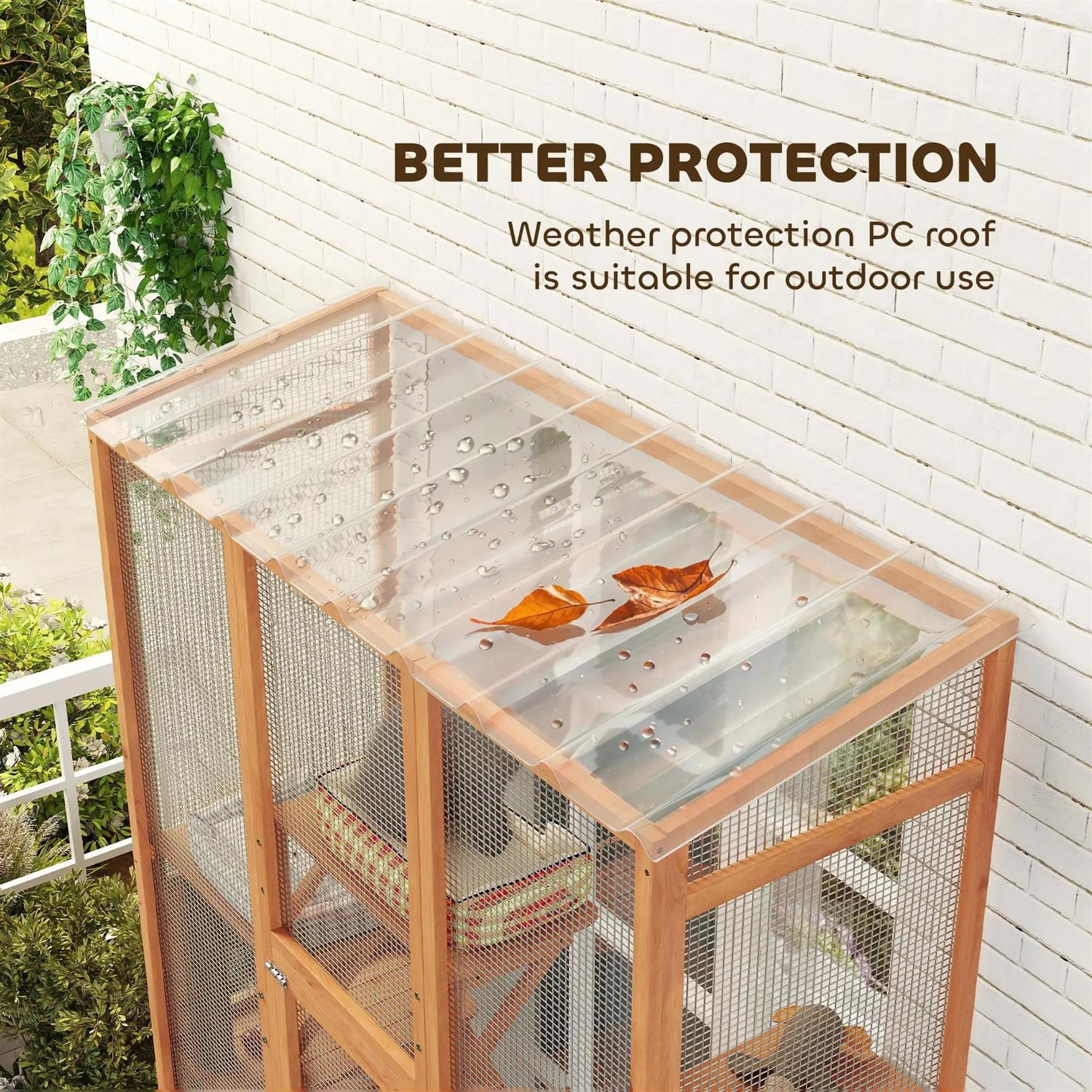 Pefilos 99" Outdoor Weatherproof Cat Cage with 6 Jumping Platforms, Scratching Post, 2 Ramps, Wooden Feral House for 2-3 Kittens Cats, Orange