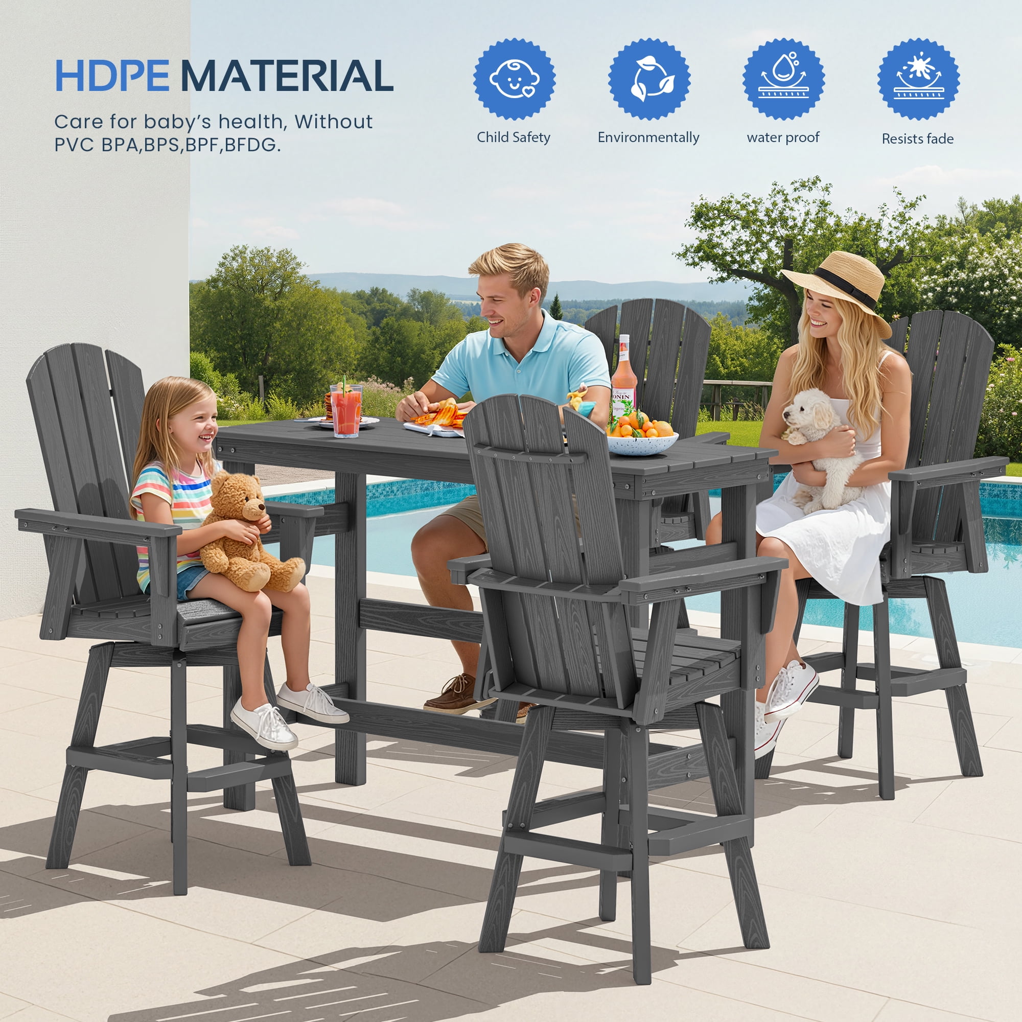 SERWALL HDPE Outdoor Swivel Bar Chair, Bar Height Adirondack