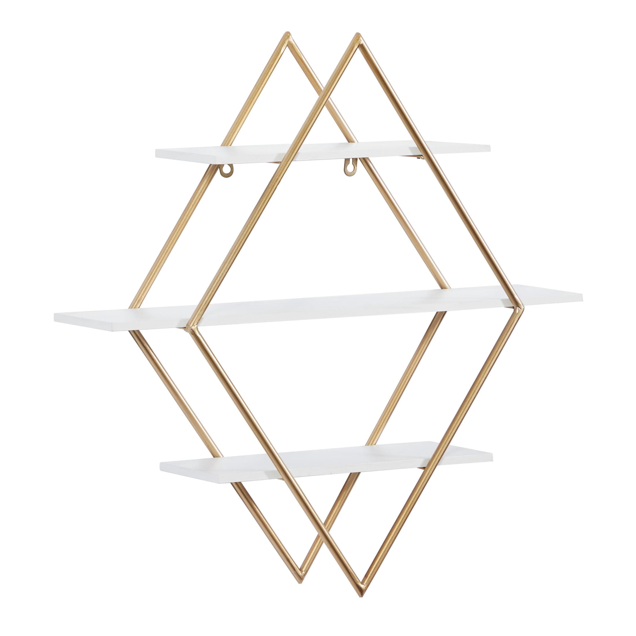 DecMode 20" x 6" 3-Tier Gold Geometric Wall Shelf with Diamond Shape