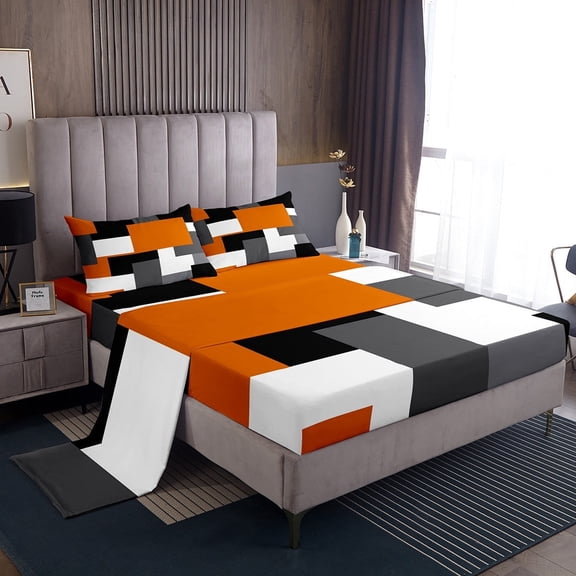 Erosebridal Orange Rectangle Sheet Set Twin,Geometric Sqare Bedding Sets Twin Size,Abstract Artwork Twin Sheet Sets,Super Cozy Plaid Bedroom Decorative,3pcs
