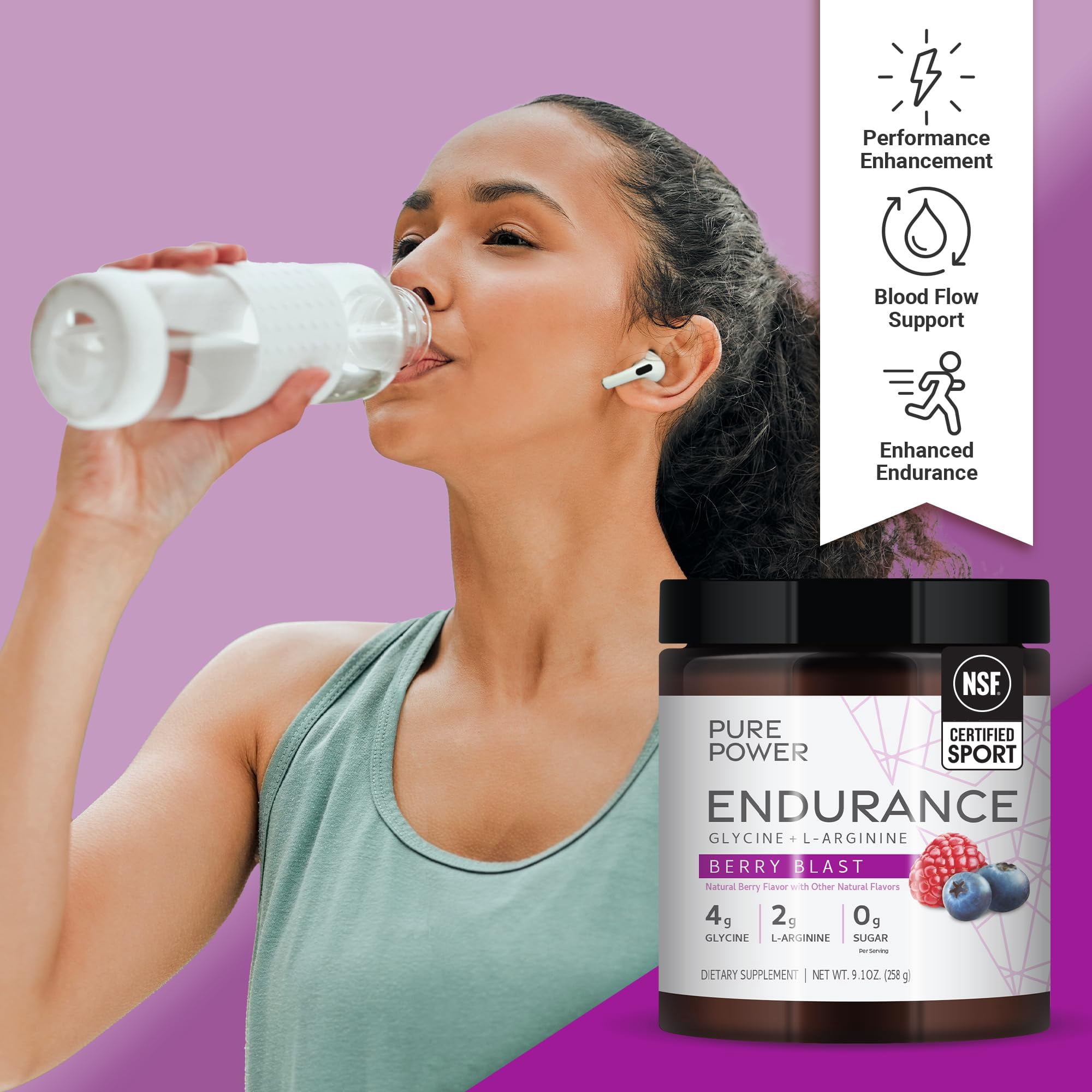 Dr. Mercola Pure Power Endurance Powder, Berry Blast Flavor, 9.1 oz (258 g), 30 Servings, 4 g of Glycine, 2 g of L-Arginine, 0 g of Sugar, Non-GMO