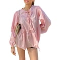 thumbnail image 2 of Musuos Women’s Casual Tie Front Tops Long Sleeve Round Neck Loose Fit Babydoll Shirts Spring Fall Blouses, 2 of 7