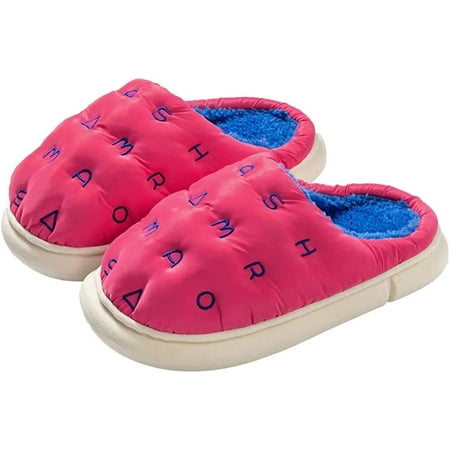

PIKADINGNIS Soft Fluffy Fur Lining House Slippers Fashion Letter Print Waterproof Anti-skip Indoor Shoes for Women Men