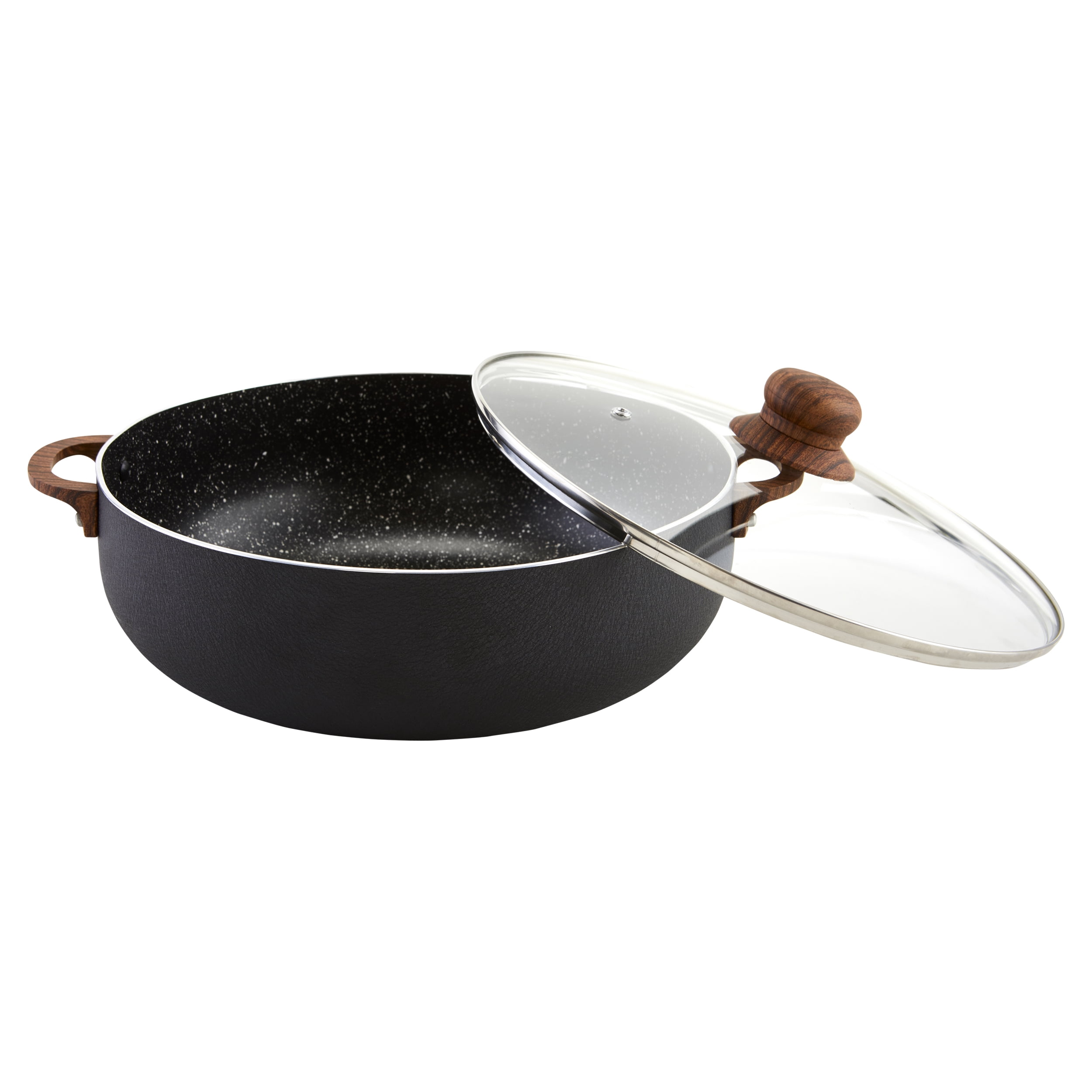 IMUSA 13.5qt Black Stone Aluminum Speckled Nonstick Caldero with Glass Lid & Wood Look Handles, Black