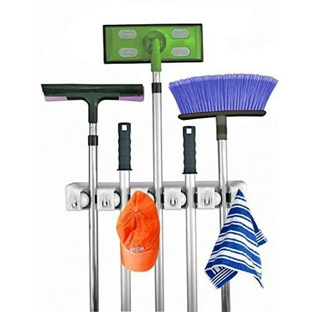 Mop And Broom Holder, 5 Position With 6 Hooks Garage Storage Holds Up To 11 Tools, Storage Solutions For Broom Holders, Garage Storage