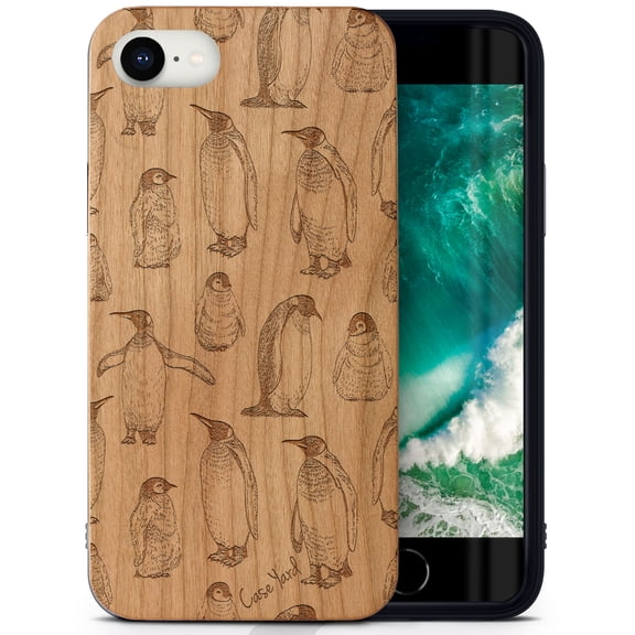Case Yard Wooden Case Outside Soft TPU Silicone, Slim Fit Shockproof Wood Protective Phone Cover for Girls Boys Men and Women, Supports Wireless Charging Penguin Pattern Design case for iPhone-SE