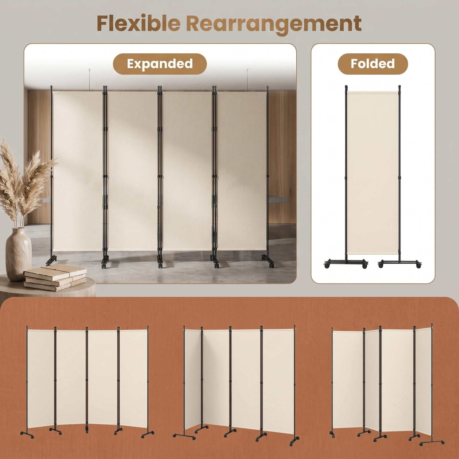 ALPULON 4-Panel Room Divider Freestanding Privacy Screen with 10 Lockable Wheels, Foldable Polyester Fabric Partition with Heavy-Duty Metal Frame for Living, Beige