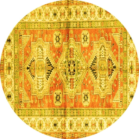 Ahgly Company Machine Washable Indoor Round Geometric Yellow Traditional Area Rugs, 4' Round