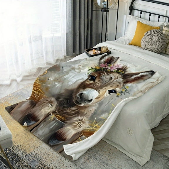 Soft Cozy Warm Winter Donkey Print Flannel Blanket Contemporary Digital Printed Bedspread Versatile All Season Multipurpose Festival Gift Throw
