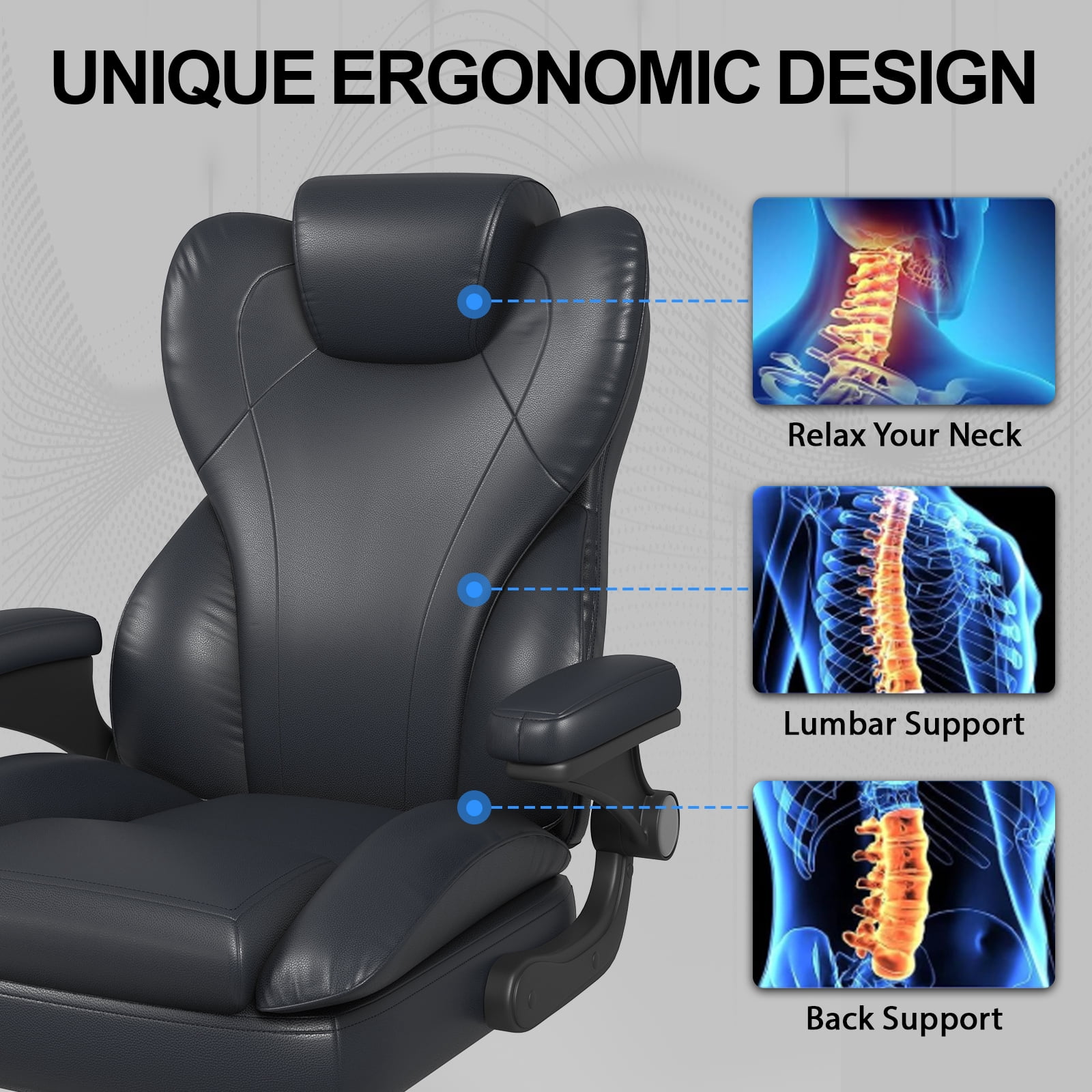 Hovos Big and Tall Office Chair with Flip-up Arms, Ergonomic Home Computer Desk Leather Chair, 360° Swivel Computer Desk Chair, Quiet Nylon Wheels, Black