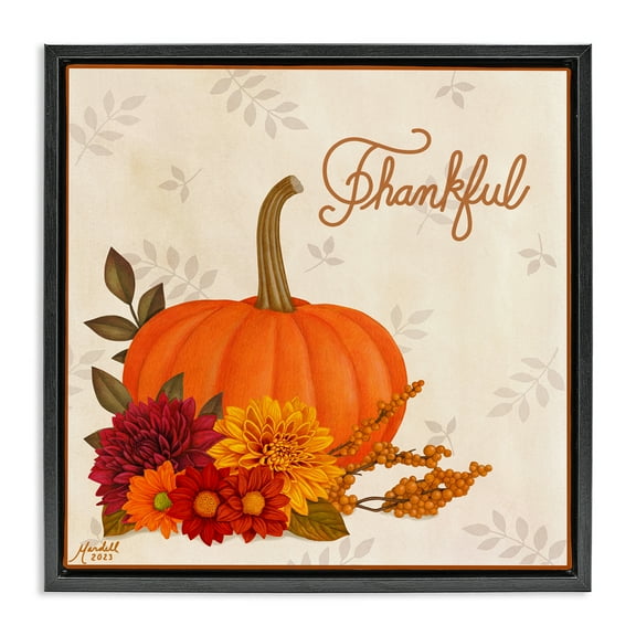Stupell Industries Thankful Pumpkin & Florals Holiday Painting Black Floater Framed Canvas Art Prints Wall Art, 18 x 18