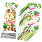 Highcool 100 Pieces Flamingo Cellophane Goodie Bags Hawaiian Bags with 100 Silver Ties Tree Flamingos Party Decorations