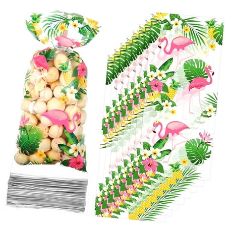 Highcool 100 Pieces Flamingo Cellophane Goodie Bags Hawaiian Bags with 100 Silver Ties Tree Flamingos Party Decorations