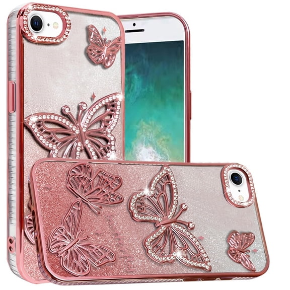Case for Apple iPhone 17E /16E Luxury Butterfly Sparkle Glitter Diamond Crystal Rhinestone Shimmer Bling Plating Thick TPU Hard PC, XPM Phone Cover fit Apple iPhone 17E /iPhone 16E [Rose Gold]