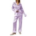 thumbnail image 2 of Women Silk Satin Pajamas Set Button Down Long Sleeve Sleepwear Feather Trim Nightwear Loungewear Pj Set, 2 of 6