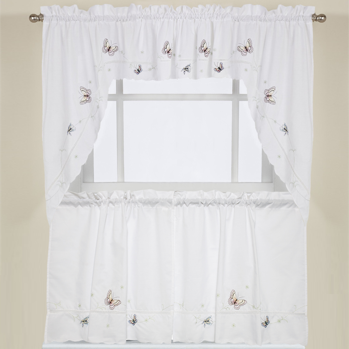 Monarch Butterfly White Kitchen Curtain Embroidered 24" Tier, Swag