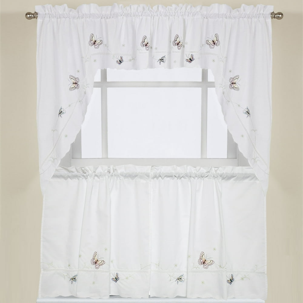Monarch Butterfly White Kitchen Curtain Embroidered 24" Tier, Swag