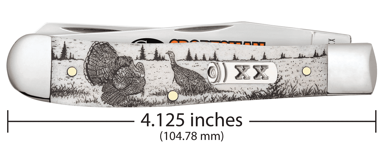 Case Trapper Sportsman Folding Knife, 3.24in/3.27in, Tru-Sharp Surgical Steel, Clip Point/Spey Blade, Turkey Embellished Natural Bone Handle