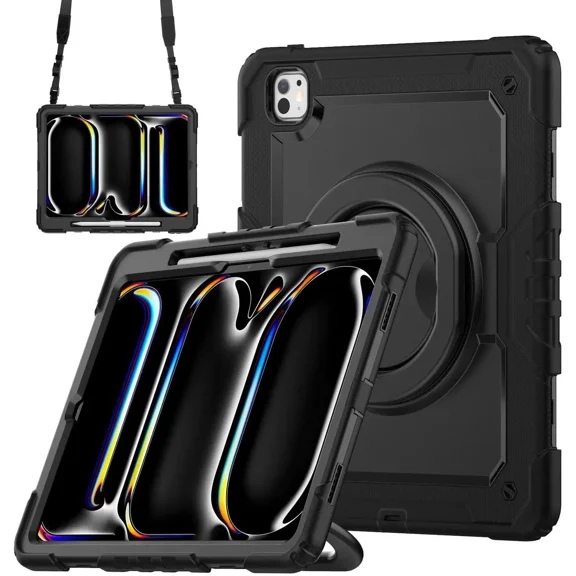 Case for iPad Pro 13 Inch M4 7th Generation 2024 A2925 A2926 A3007 with Built-in Screen Protector, 360° Rotating Stand, Pencil Holder, Adjustable Shoulder Strap, Pencil Holder