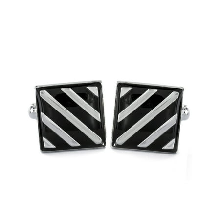 Striped Black and Polished Square Cufflinks