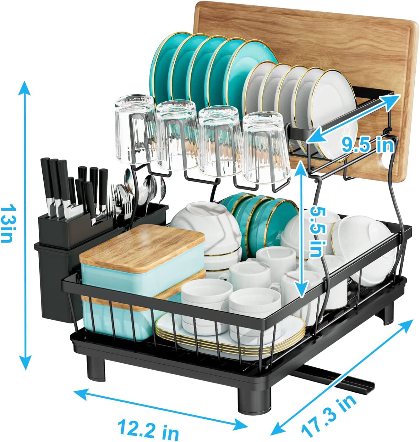 Large Dish Drying Rack, 2-Tier Dish Racks for Kitchen Counter, Detachable Large Capacity Dish Drainer Organizer with Utensil Holder, Dish Drying Rack with Drain Board, Black