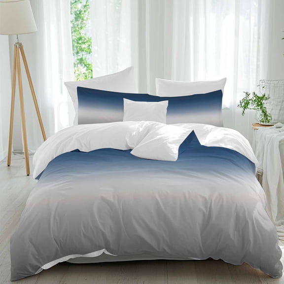 3 Piece Navy Blue Gray Ombre Duvet Cover Set Queen Size, Microfiber Comforter/Quilt Cover with Corner Ties and 2 Pillowcases, Modern Gradient Abstract Art All Season Soft Bedding with Zipper Closure